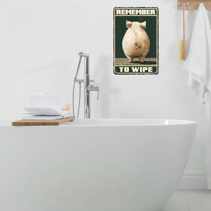 Vintage Pig Tin Sign Remember To Wipe Retro Wall Decor Nostalgic Art Funny Rustic Metal Poster Outdoor Store Cafe Poultry House Pubs Yard Bathroom Farm Farmhouse Toilet Restroom 12 * 8inch