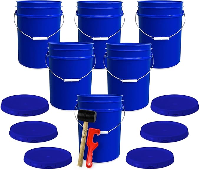 ePackageSupply 5 Gallon Plastic Bucket with Airtight Lid | Made in USA | Food Grade Bucket | BPA-Free | Heavy Duty 90 Mil All Purpose Pail | One 12" Rubber Mallet & One Lid Opener Included | 6 Pack