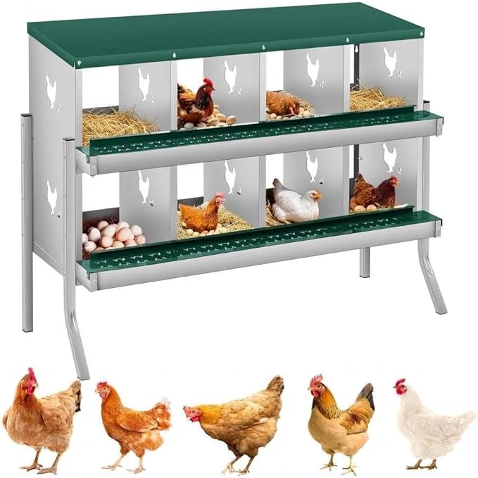 Nesting Boxes for Chickens, 8 Compartments, Nesting Boxes with 4 Dummy Eggs and 10 Dampproof Pets Mats, Green, Stainless Steel, Wall-Mountable & Roll Away Design with Stand