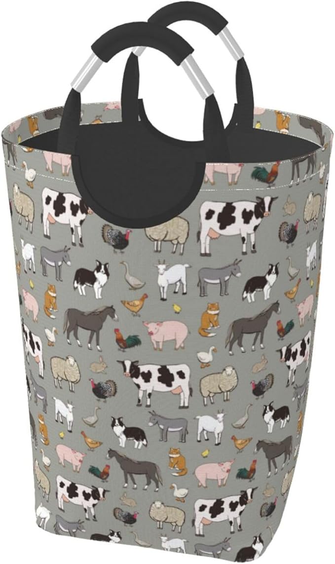 Farm Animals Laundry Basket Cow Foldable Laundry Hamper Pig Collapsible Laundry Baskets with Handles Clothes Hamper Laundry Tote Bag for Dorm Family Storage Bin 50L