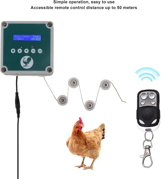 Sorandy Automatic Chicken Coop Door Controller, Electric Chicken Door Actuator Motor Set, IP44 Cage Opener with Timer Light Sensor Remote Control Poultry House Door Actuator Motor Kit (US Plug)