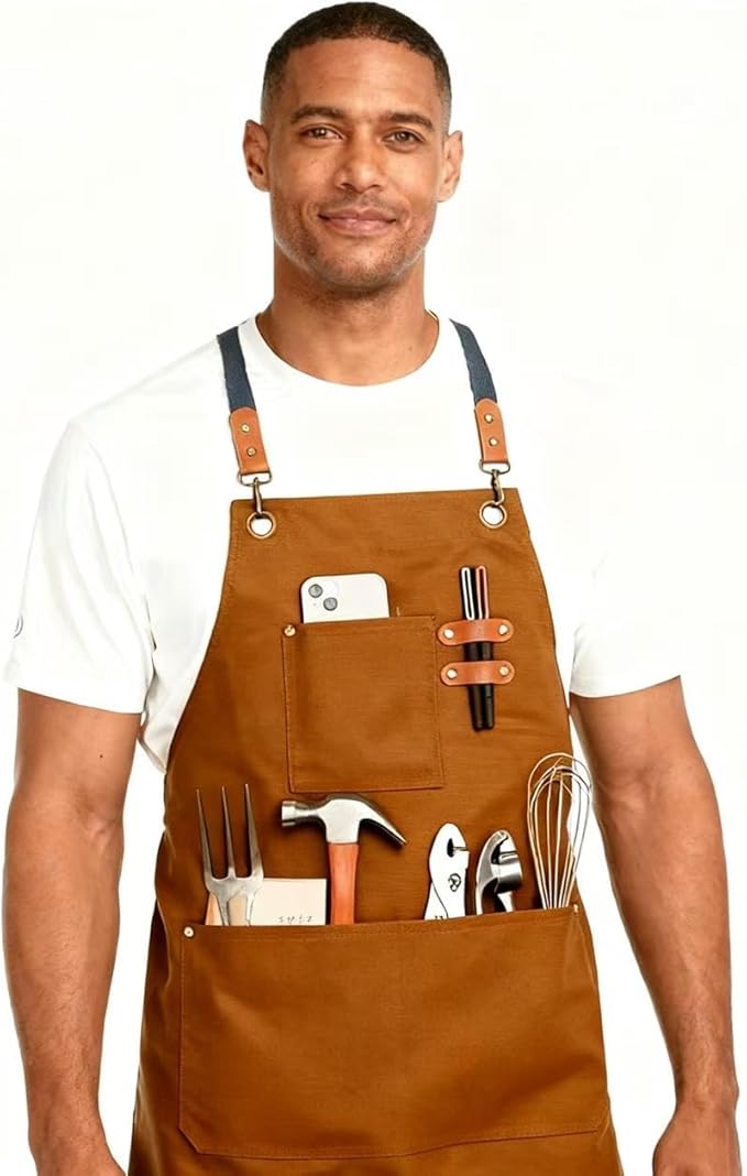 Unisex Canvas Apron - Water-Resistant, Breathable with Large Pockets for Gardening, Grilling, Lawn Care, Kitchen & Cleaning