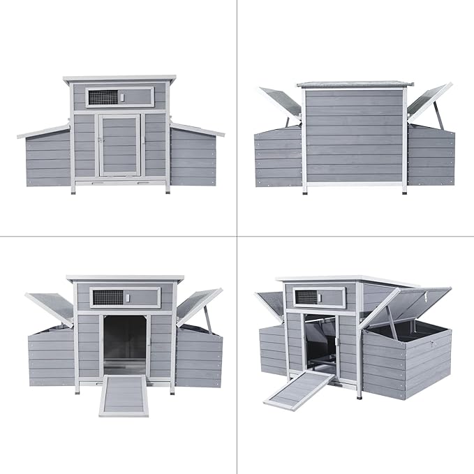 Chicken Coop, 58" Wooden Chicken Coop with 2 Sides Large Nesting Boxes for 4-6 Chickens, Poultry Hutch Rabbit Cage with No-Slip Ramp & Pull-Out Tray for Outdoor Farm Yard (Dark Grey)