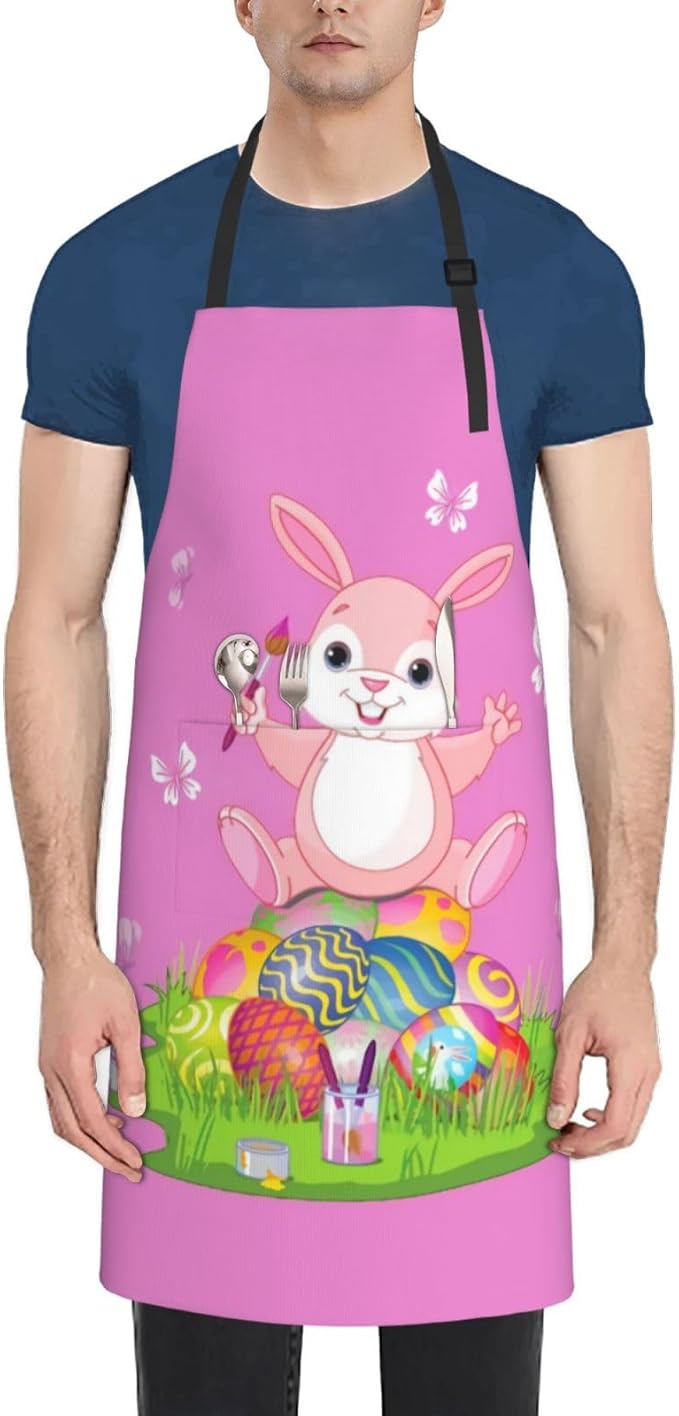 ASYG Cute Easter Rabbit & Eggs Apron Adjustable with 2 Pockets Bunny Easter Gift Kitchen Baking Gardening Work Apron