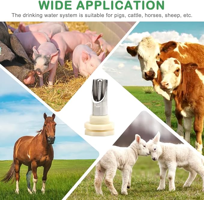 Pig Nipple Waterer for Barrel Kits, 3pcs Stainless Steel Automatic Pig Drinker Feeder Water Tank Connector with 1 Hole Opener & PTFE Tapes, Watering Systems Kit for Pig/Goats/Swine/Piglets/Drinking