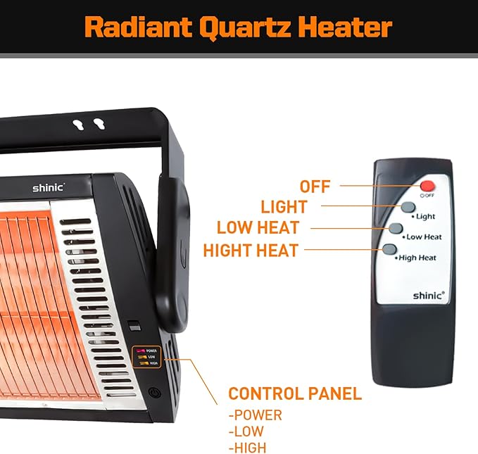 Shinic Electric Garage Heaters with Remote Control, 1500W/750W Ceiling Mounted Radiant Quartz Heater with Work Light, 90° Rotation, 5 Mode Settings, Electric Heater for Garage, Shop, Patio Large Room