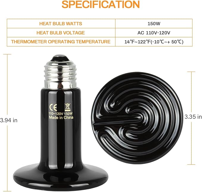 Simple Deluxe 150W Ceramic Heat Emitter Reptile Heat Lamp with Digital-Thermometer, for Pet Brooder Coop Chicken, Dragon Turtle Lizard Snake Aquarium Tank