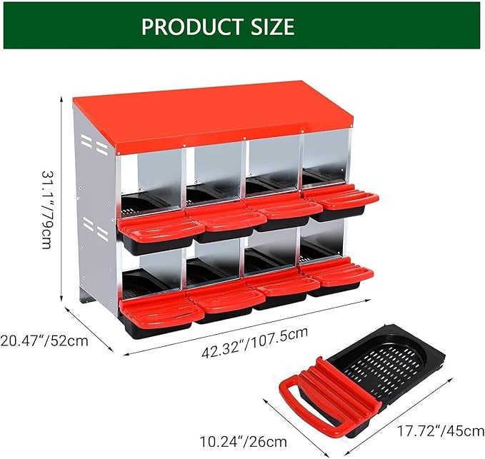 Chicken Nesting Boxes, 8 Holes Metal Chicken Egg Laying Box with Swing Perch and Rollout Egg Collection,for Various Chicken Breeds Without Stand - Red 0.6mm