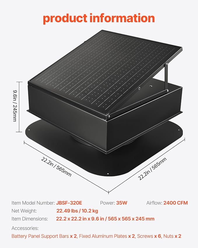 VEVOR 35W Solar Attic Fan, 2400 CFM with Auto Temp Control, Weatherproof, Low-Noise Automatic Ventilation for Attic, Shed, & Garage