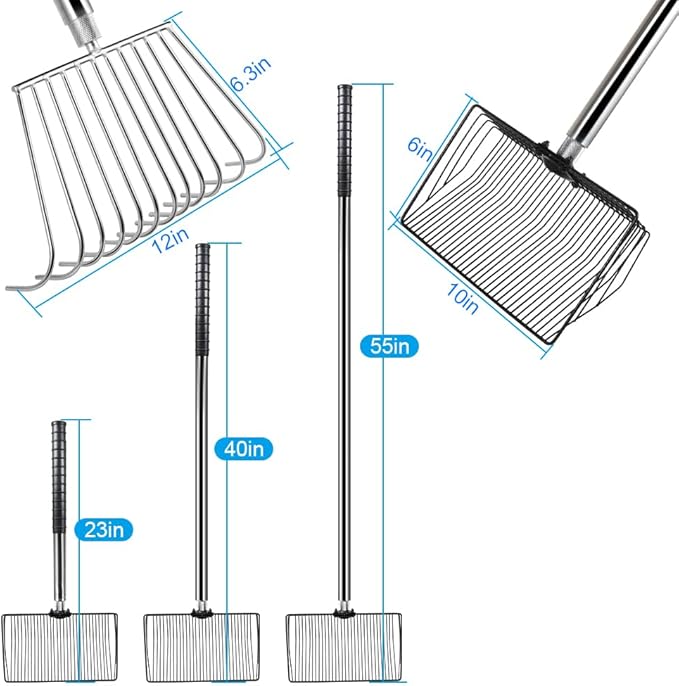 2in1 Chicken Poop Scooper and Rake, 10 Inch Chicken Coop Shovel & Garden Rake with Adjustable Stainless Steel Handle (23 to 55 Inch) for Chicken Coop Cleaning Tools,Garden, Farm, Beach