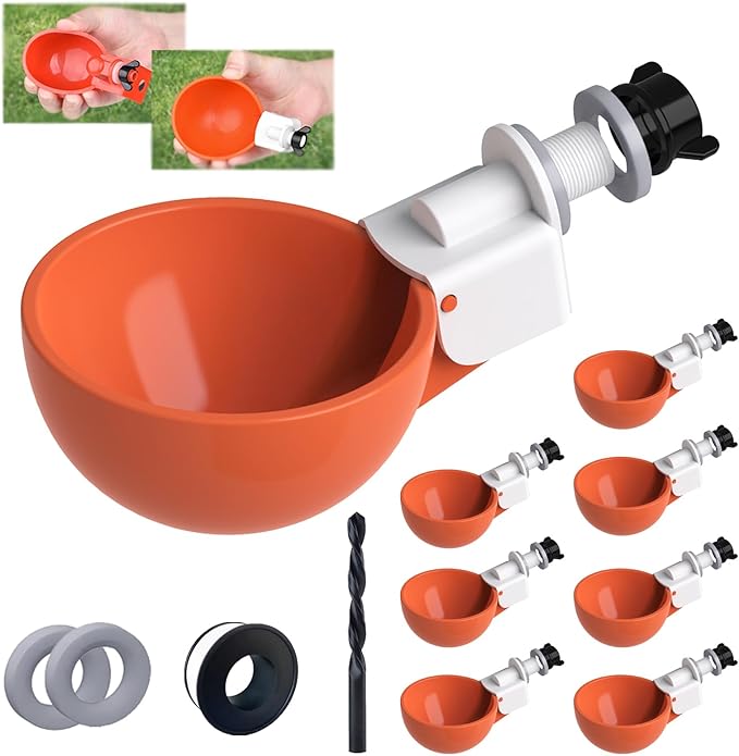 8 Pack Large Automatic Chicken Waterer Cups | Chicken Water Feeder | Poultry Water Feeder Kit | Tee Fittings Poultry Feeder Cups for Chicks, Duck, Turkey, Goose