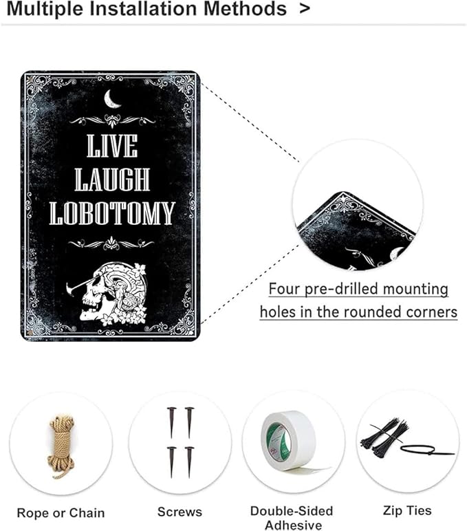 Live Laugh Lobotomy Metal Sign - Funny Meme Tin Sign for Gothic Home Decor - Dark Humor Door Sign 8x12 Inch