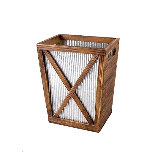 Small Wood Trash Can Wastebasket, Decorative Barn Door Garbage Can Waste Basket, Rustic Distressed Rectangular Trash Bin, Farmhouse Wooden Storage Basket Waste Paper Bin (Brown)