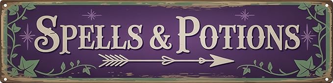 Spells and Potions Metal Sign 4x16in Whimsical Plaque for Witchy Room Wall Decor