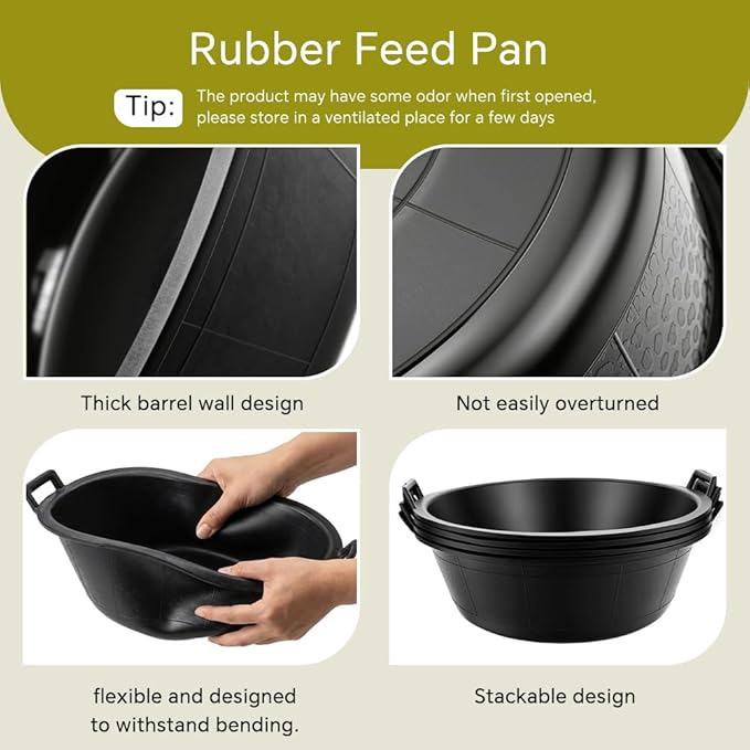4Pcs Large Rubber Feeder Pan, 8.6 Gallon Horse Feed Bucket Water Bowl, Heavy Duty Horses Feed Bucket Dog Bowl Horse Feeder Pan for Cats Dogs Goats Chicken Dust Bath Container Farm Animal Feeding
