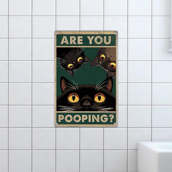 Funny Black Cat Are You Pooping Metal Sign Vintage Bathroom Wall Decor Humorous Art For Restroom Home Decoration 8 x 12 Inch Indoor Aluminum Outdoor Kitchen
