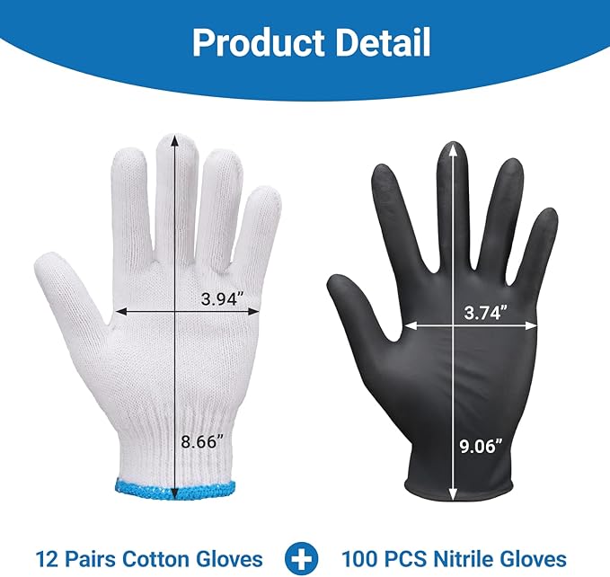 100 PCS Disposable Black Nitrile BBQ Gloves - 5 Mil Heavy Duty Latex Free for Cooking, Serving, BBQ, Barber, Butcher, Chef, with 12 Pairs Cotton Glove Liners Men & Women, Medium
