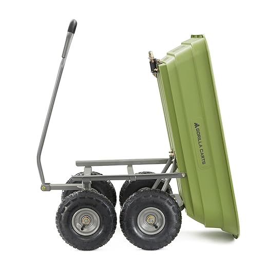 Gorilla Carts Poly Garden Dump Cart, 4 Cu Ft Tub, 600 lb Haul Capacity, Green – Heavy-Duty Utility Wagon with Quick-Release Dumping & Pneumatic Tires for Yard, Landscaping and Gardening