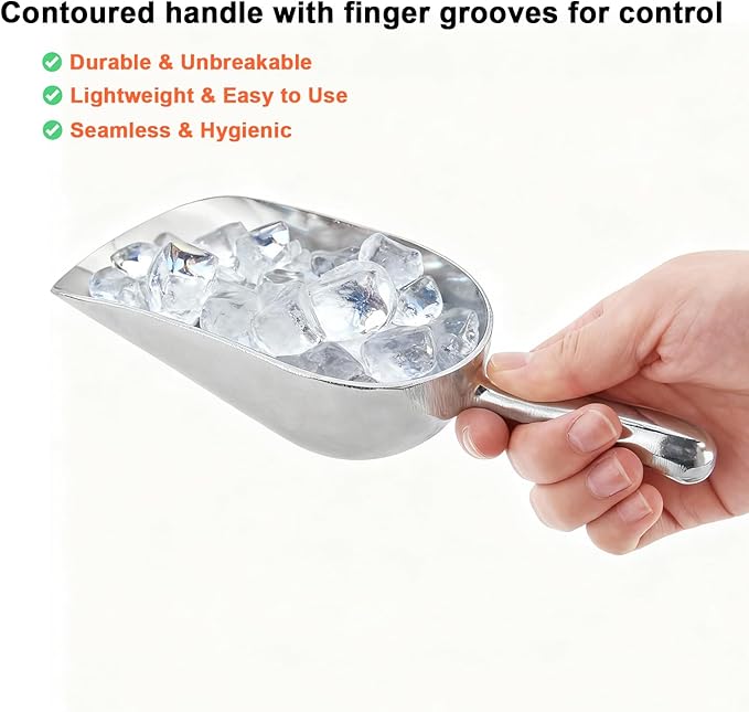 12 OZ Cast Aluminum Utility Scoop, One-Piece Solid Ice Scoop for Ice Bucket, Bar, Kitchen, Multipurpose Food Scooper for Flour, Sugar, Popcorn, Dog Food (Silver) (12OZ)