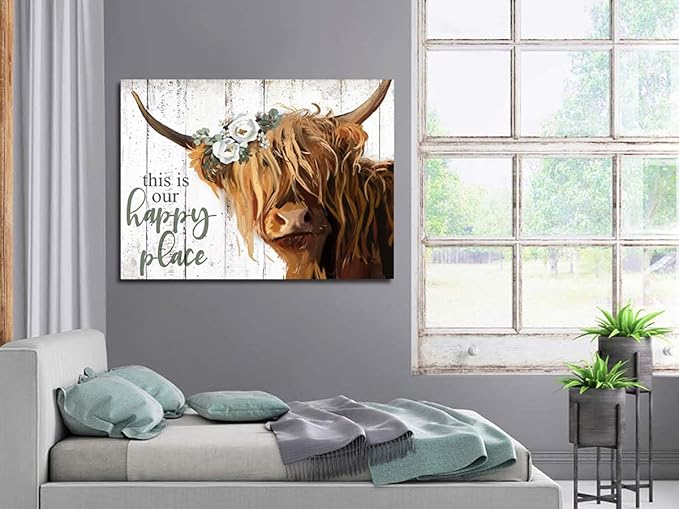YPY Highland Cow Wall Art - This is Our Happy Place Inspirational Canvas Poster for Home - Long Haired Scottish Cow with White Flower Picture Farmhouse Kitchen Decor Framed (24"x36")