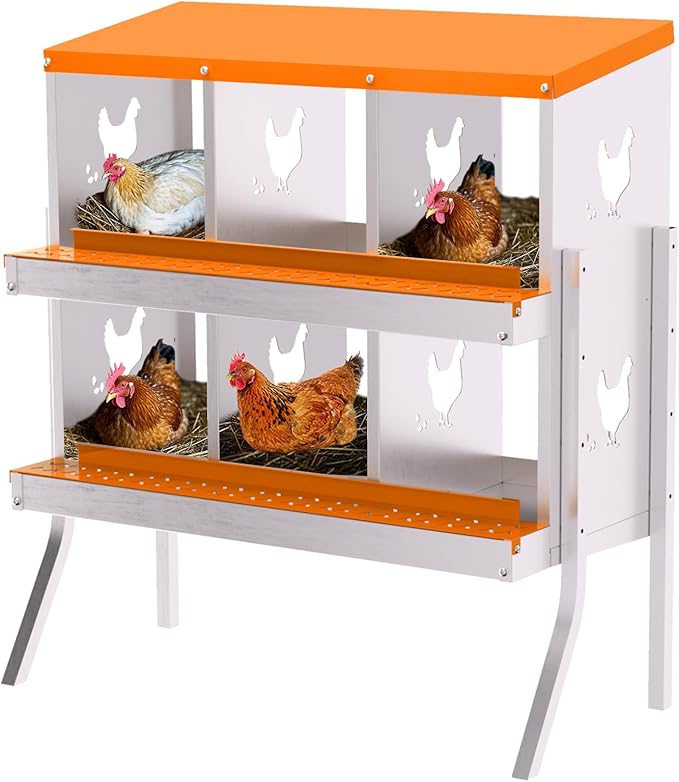 Chicken Nesting Boxes, 6-Hole Roll Away Nest Box for Chicken Coop, Metal Egg Laying Box with Perch & Lid Cover to Protect Eggs, Rollout Egg Collection, Vented Holes- with Legs Orange