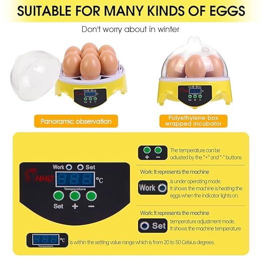 HOWOOIUA Egg Incubator 360° View 7 Eggs Poultry Incubator for Hatching Chickens with Manual Temperature a for Chicken, Quail, Parrot Eggs