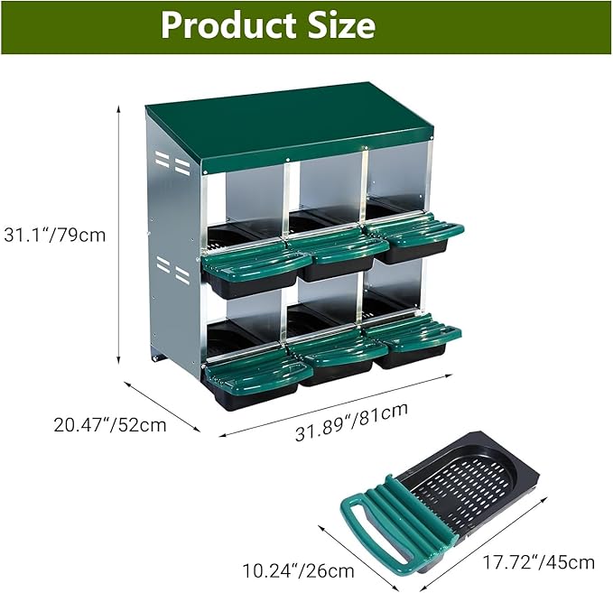 Chicken Nesting Box, 2-Tier Chicken Laying Boxes for Hens, 10 Hole Nesting Boxes for Chickens, Roll Away Nest Box for Laying Eggs, Roll Out, Easy Egg Collection (Green, 6-Holes Without Legs)
