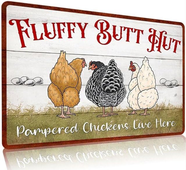 Fluffy Butt Hut Metal Tin Sign Funny Chicken Coop Sign For Home Decor Kitchen Decoration Wall Art Farm Farmhouse Vintage Decor Chicken Coop Accessories 12X8 Inch