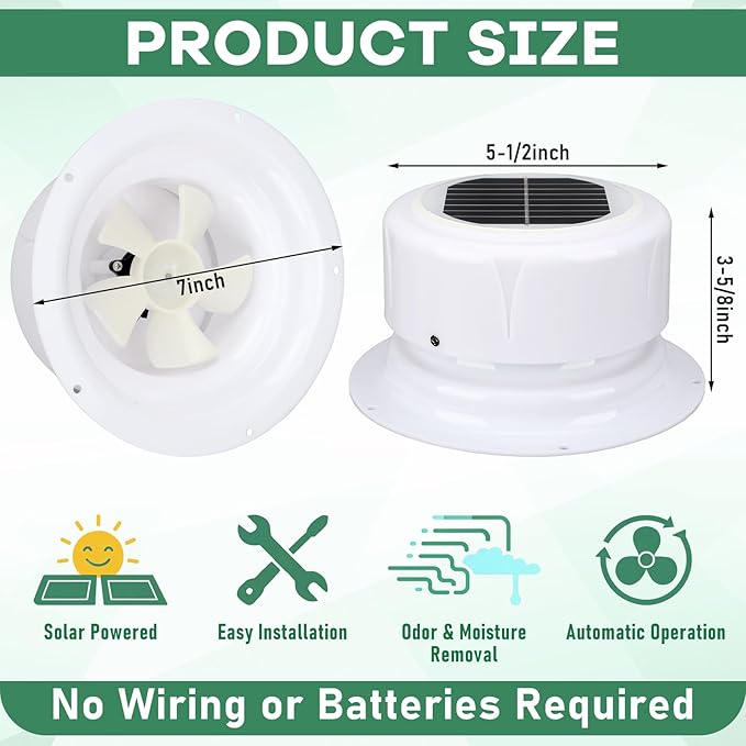 VIHOSE Rv Solar Ventilation Fan White ABS Solar Powered Ceiling Vent Exhaust Fan for RV, Camper, Marine, Shed, Trailer, Chicken Coop, Dog House, with Mounting Screws, Easy Install