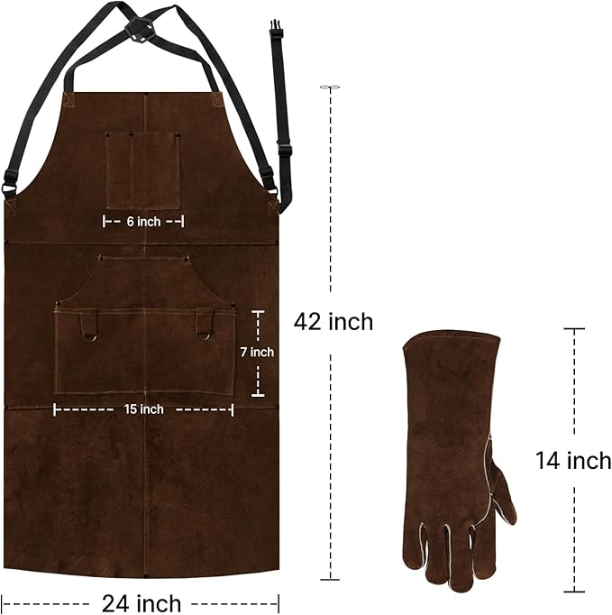 eletecpro Heavy Duty Leather Welding Apron Genuine Cowhide Flame & Heat Resistant Adjustable 42Lx24W with 6 Tool Pockets and Gloves for BBQ, Woodworking, Gardening, Men & Women Gift, Dark Brown