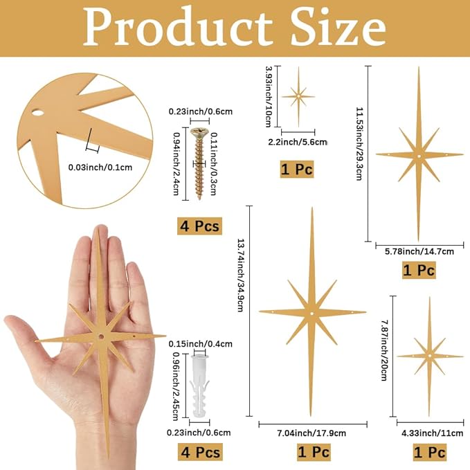 CREATCABIN 4Pcs Metal Star Burst Wall Decor Mid Century Star Decor Gold 8 Pointed Atomic Stars Celestial Wall Art Sculpture Hanging Ornament Modern Home Accents for Bedroom Office Room Decoration