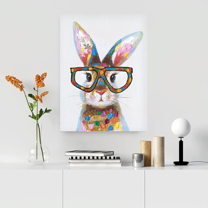 Yidepot Whimsical Colorful Rabbit Canvas Poster - Farm Bunny Bedroom Wall Decor with Cute Glasses Pictures for Living Room 16"x24"
