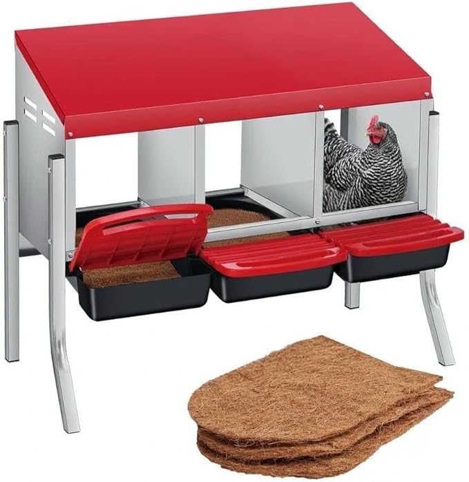 Heavy Duty 3-Compartment Chicken Nesting Box – Rollaway Egg Collection, Removable Galvanized Steel Tray, Perch, Lid, Metal Legs, Wall Mount or Freestanding, Hen Laying Box – Red, Three Grids