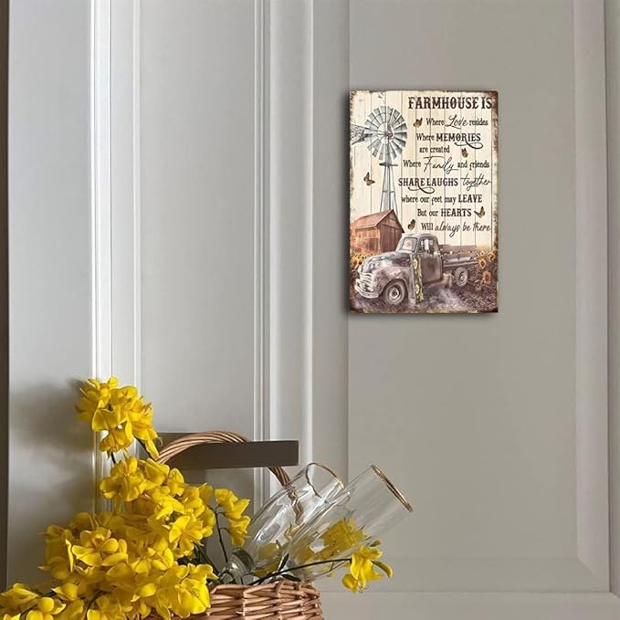 Vintage Metal Tin Sign Rustic Truck Windmill and Sunflower Farmhouse Wall Decor Retro Signs Decoration Home House Yard Plaques Funny Novelty Garage Room Kitchen 8x12 Inch