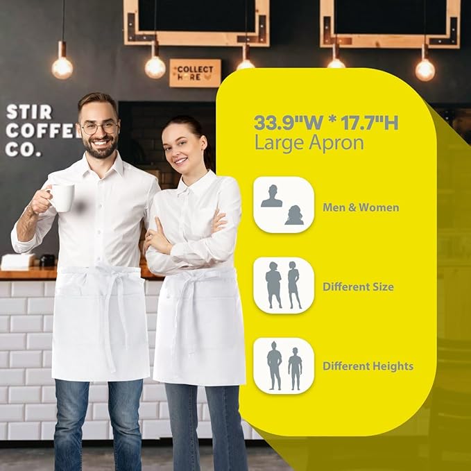 ROTANET Server Apron Black with 3 Pockets 18 Inch Long Waiter Waitress Bistro Half Waist Aprons for Women Men Waterproof