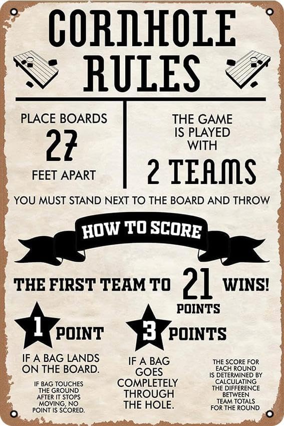 Cornhole Rules 1 Pack 8x12 Inch Vintage Aluminum Sign - Rust-Proof Weather Weatherproof Easy to Mount, Funny Rustic Decor for Outdoor Game Room, Cornhole Enthusiast Sign