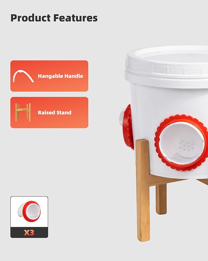 Chicken Feeder Bucket with Stand, No Waste Poultry Feeder with 3 Covered Ports, Hanging Chicken Feeder & Duck Feeder for Outside, Automatic Chicken Feeder, Poultry Feeding Equipment.