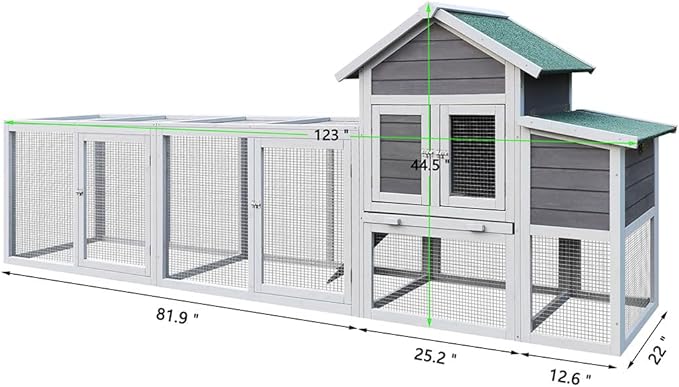 123" Large Wooden Chicken Coop with Run for 4–6 Chickens, Outdoor Hen House with Nesting Box, Sliding Tray, Ramp and Lockable Doors, Weather-Resistant Poultry Enclosure for Backyard, Farm,Gray