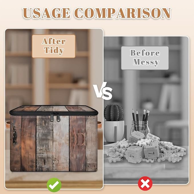 Wood Grain Board Storage Bins with Zipper Lid Fabric Storage Containers for Clothes Collapsible Closet Storage Basket with Metal Frame 1 Pack