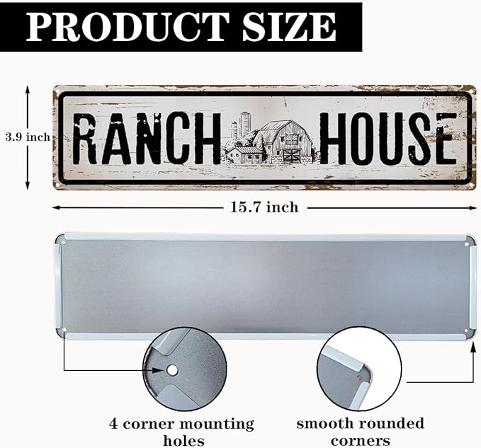Vintage Farmhouse Sign, Ranch House Sign 15.8x4 inches, Rustic Metal Signs for Indoors or Outdoors Use, Country Style Home Decor, Vintage Bar Pub Decor, Decorative Aluminum Wall Plaque