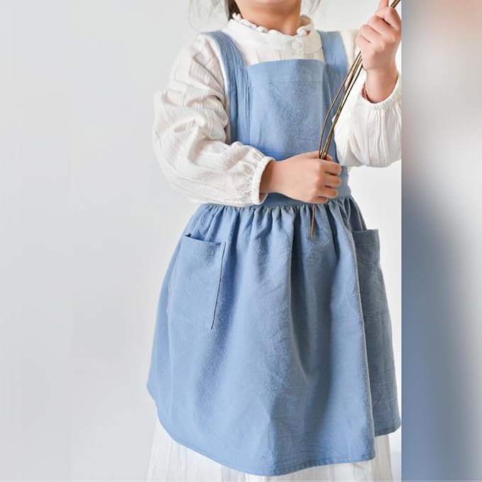 IWEMEK Kids Aprons for Girls Cooking Child Cotton Linen Apron Dress with Pockets Art Baking Gardening Painting Apron Pinafore