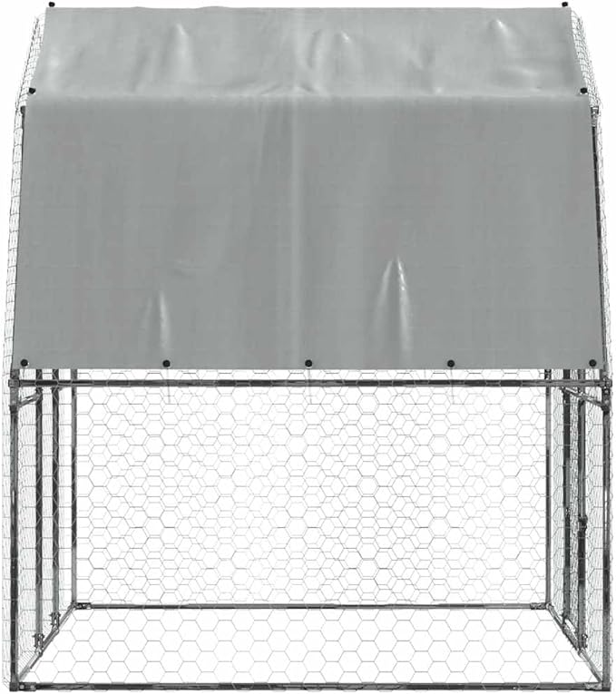 Large Silver Galvanized Steel Outdoor Animal Pen 76.8"x112.2"x90.6" Chicken Coop Rabbit Run UV-Resistant Roof Lockable Door for Backyard Farm Garden