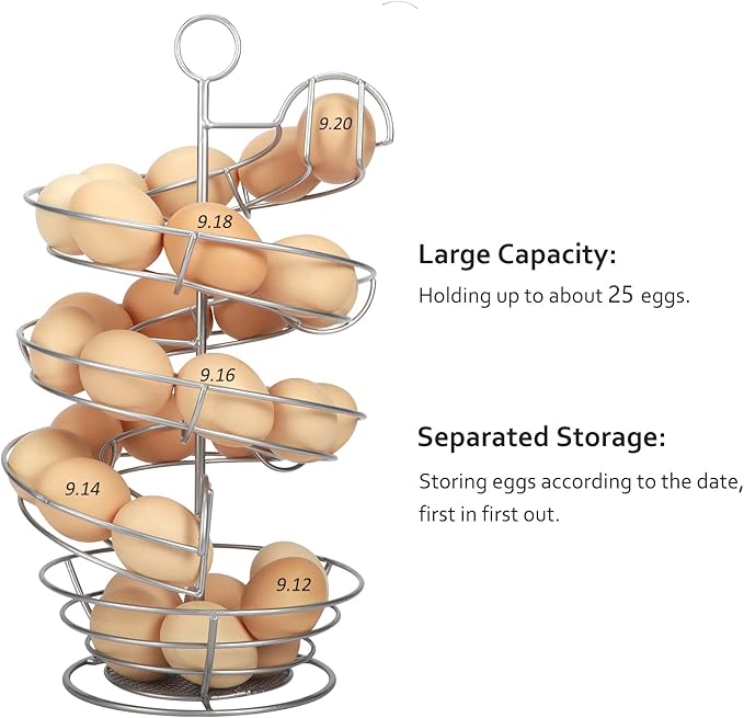 QUTREY Silver Metal Egg Holder Countertop, Spiral Design Egg Skelter Dispenser Rack with Egg Storage Basket for Kitchen