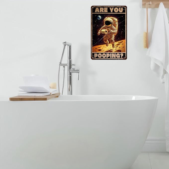 Vintage Astronaut Tin Sign Are You Pooping Retro Wall Decor Nostalgic Art Funny Metal Poster Indoor Store Cafe Toilet Kitchen Bar Office Man cave Pubs Bathroom Restroom 12 * 8inch