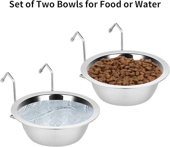 2PCS Kennel Water Bowl Hanging, Stainless Steel Puppy Bowls for Small Dog Cage, Kennel, Crate, Catio Accessories, Dog Crate Water Bowl Dish Feeder Food Holder No Spill (20oz/2.5cups)