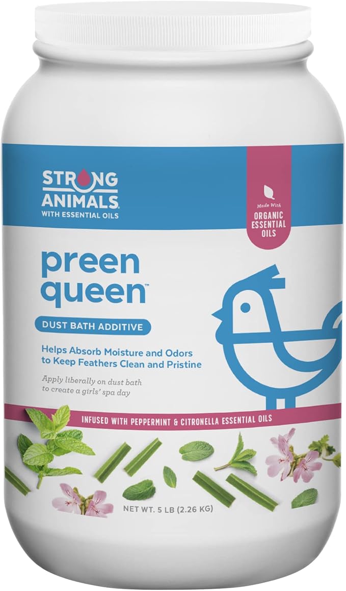 Preen Queen Dust Bath Additive for Chickens - Helps Remove Excess Oils & Keep Feathers Clean with Peppermint & Citronella Essential Oils (5 lb. Jar)