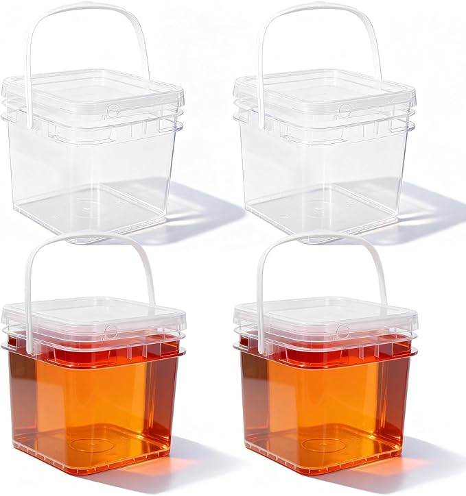 Food Storage Buckets with Lids - 4 Set Square Clear Plastic Containers, Airtight Pressure Seal & Handle for Kitchen Freezer Prep (Clear, 34 oz)