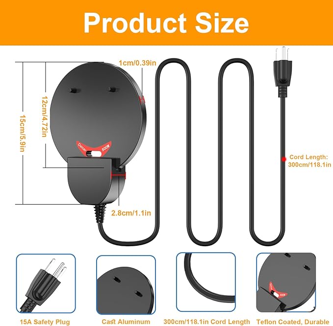 250W Chicken Water Heater w/Thermostat, Aluminum Cast Bird Bath Heater & Pond Deicer, Winter Trough Heater for Poultry, Horses, Cows