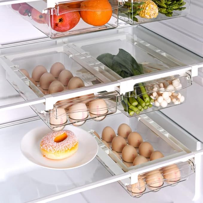 Egg Holder for Refrigerator, Fridge Egg Storage Tray, Clear Plastic Egg Drawer for Refrigerator, Space Saver Egg Storage Container & Organizer