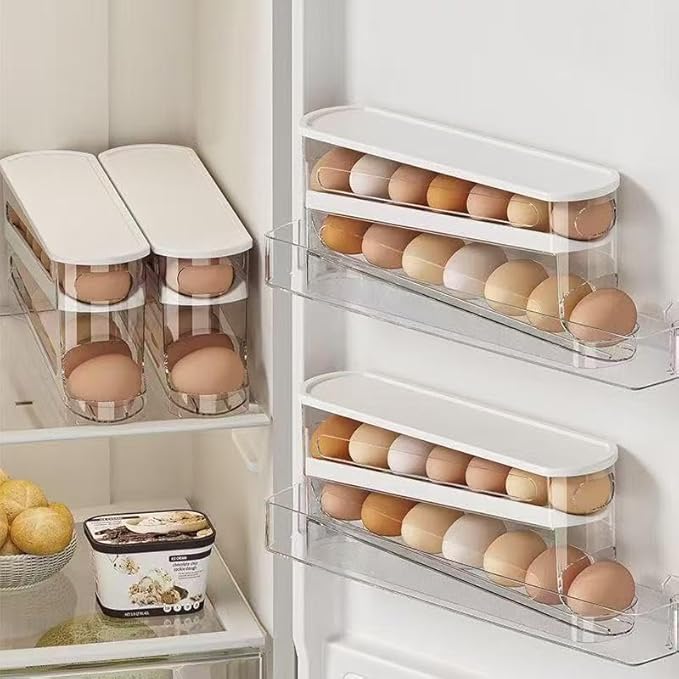 Auto-Rolling Egg Dispenser with Lid - Transparent Fridge Egg Organizer, Space-Saving Refrigerator Storage Box with Slide Design for Side Door, Stackable & Easy Access (1 Pack)